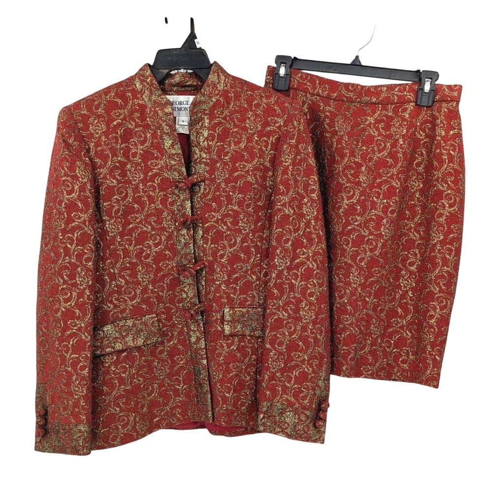 Vintage George Simonton 2 Piece Suit Red Gold Brocade Jacket Skirt Set‎ Size 6